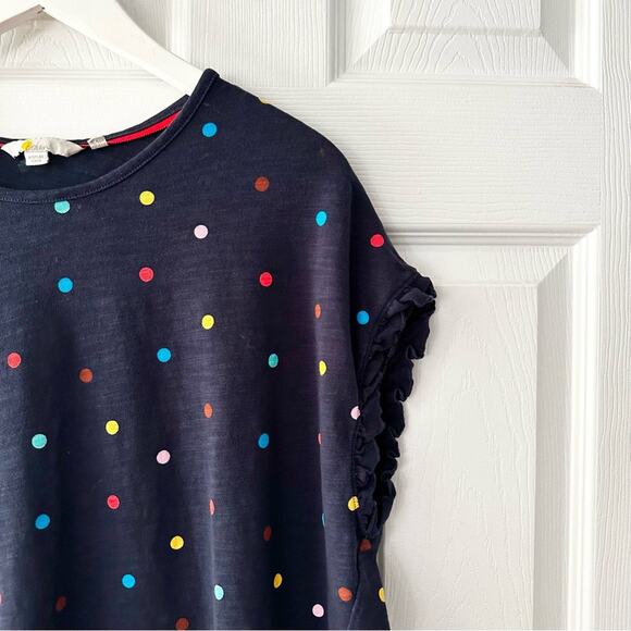 Boden Faye Navy Blue Ruffle Trim Multi Colored Polka Dot T Shirt Dress 12R J0900 - Picture 10 of 13